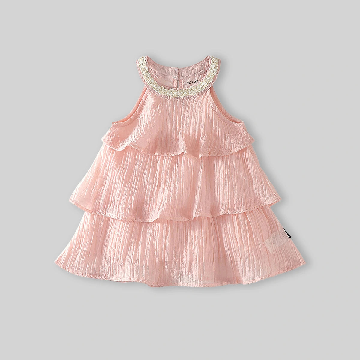 Girls Light Pink Sleeveless Layered Dress With Embellished Neckline Casual Dresses