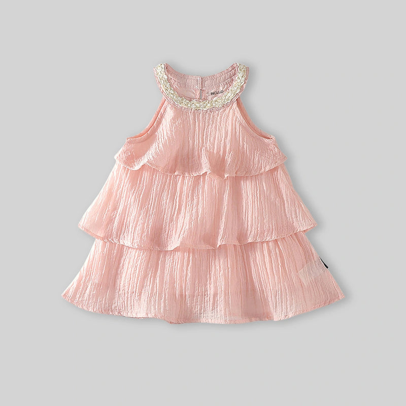 Girls Light Pink Sleeveless Layered Dress With Embellished Neckline Casual Dresses