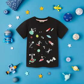 Boys Printed Short Sleeves T-Shirt Tshirts Black 1-2 Y 