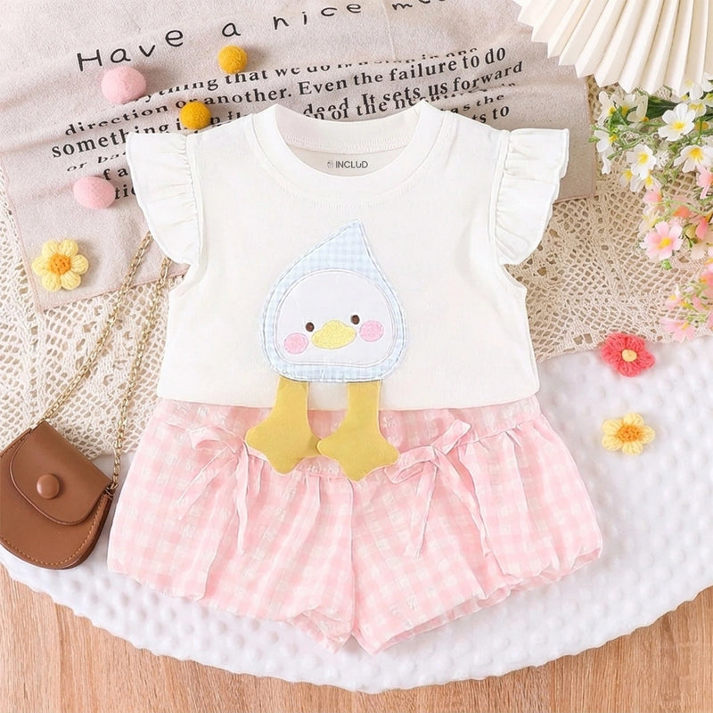 Girls White Duck Applique Top With Checked Shorts Sets Sets White 1-2 Y