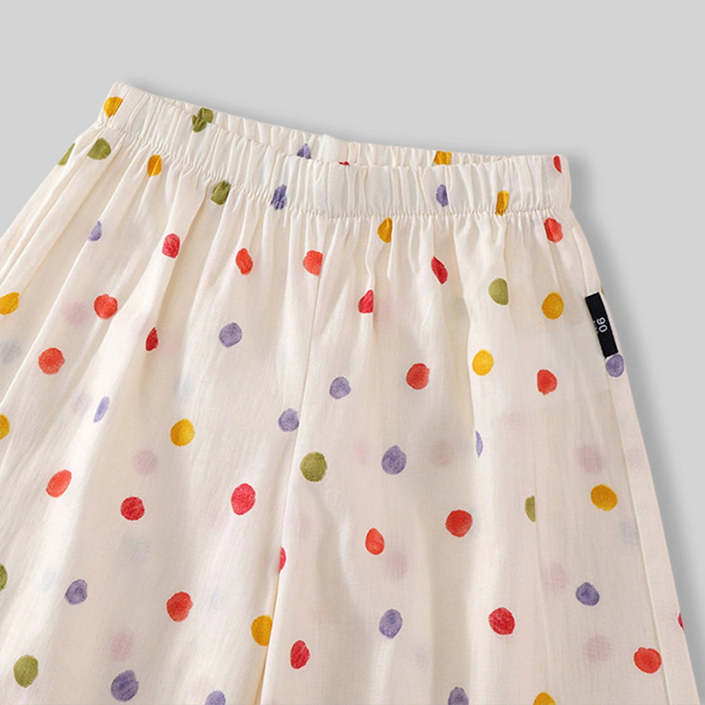 Girls Off-White Multicolour Polka Dot Printed Tiered Top With Pants Sets Sets
