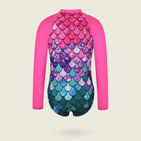 Girls Fuchsia Mermaid Printed Long Sleeves Swimwear Bodysuit Beachwear