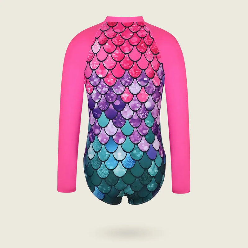 Girls Fuchsia Mermaid Printed Long Sleeves Swimwear Bodysuit Beachwear