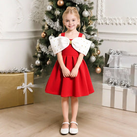 Girls Red Sleeveless Fit & Flare Party Wear Dress With Elegant Bow Detail Party Dresses