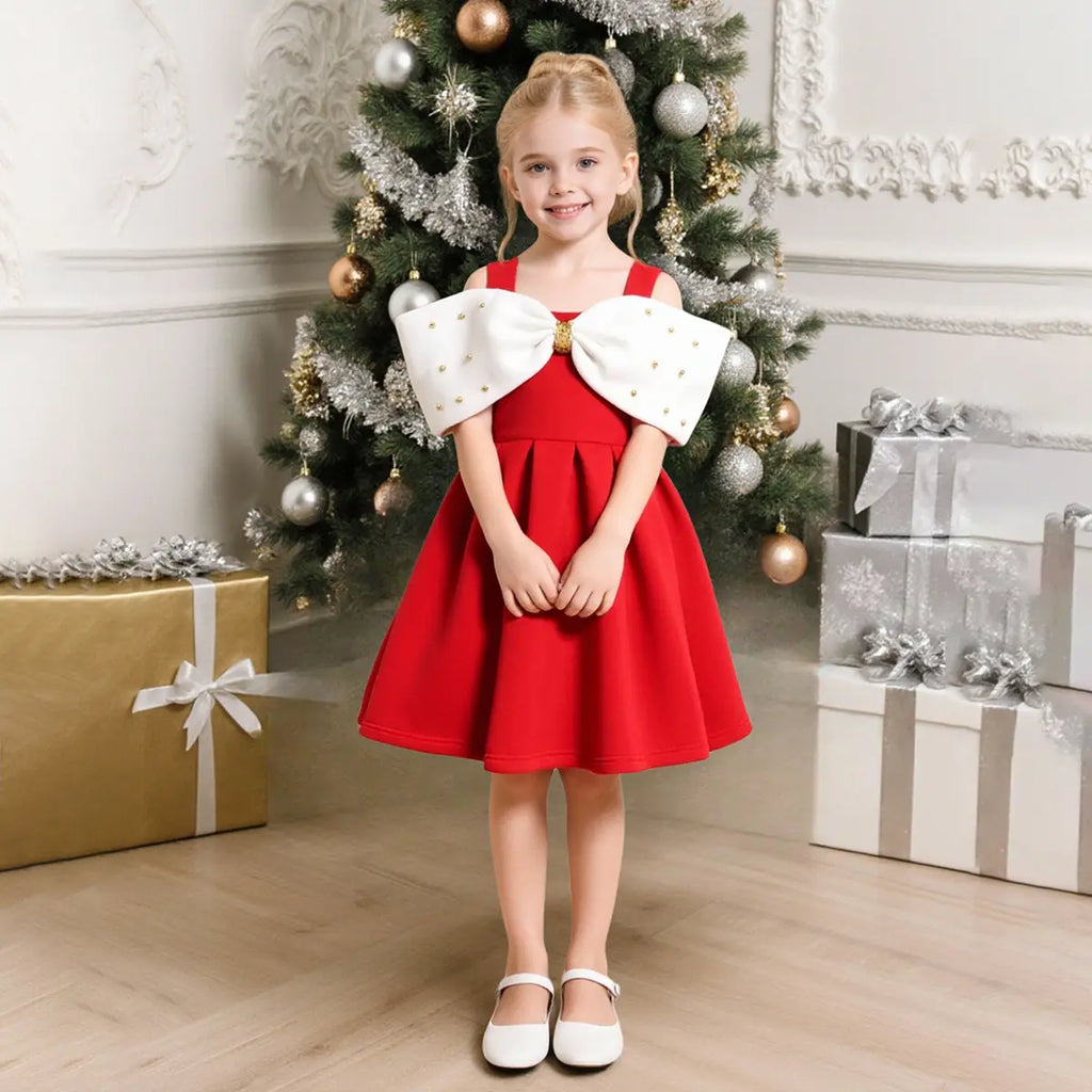 Girls Red Sleeveless Fit & Flare Party Wear Dress With Elegant Bow Detail Party Dresses