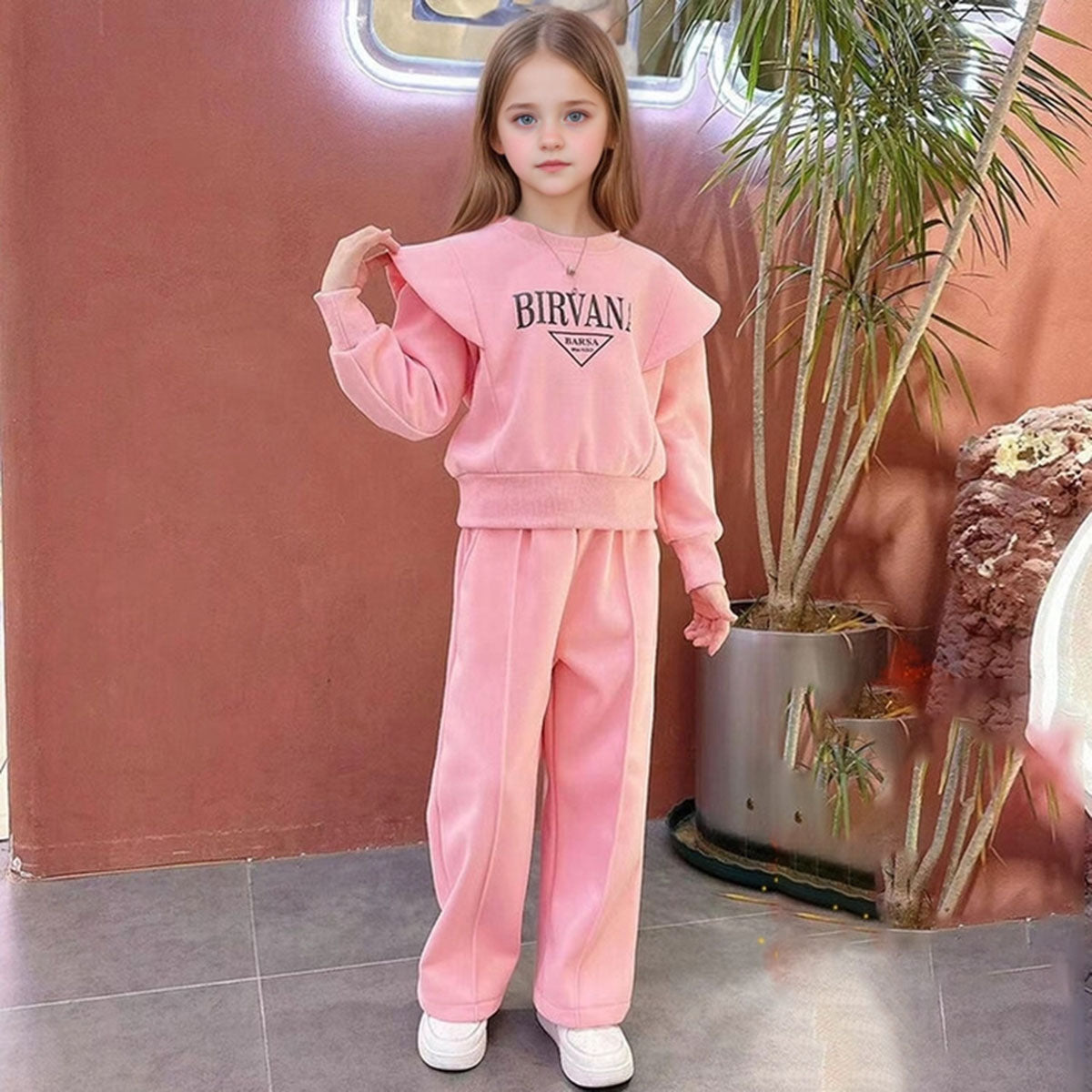 Girls Pink Typographic Printed Sweatshirt With Pants Winter Co-ord Sets 2 pc. Sets