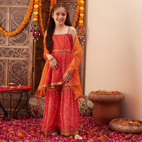 Girls Orange Bandhani Printed A-Line Kurta With Sharara And Dupatta Set Ethnicwear Girls
