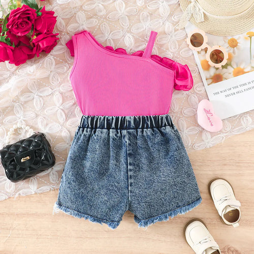 Girls Fuchsia Ruffle One-Shoulder Top With Heart Printed Denim Shorts Sets Sets