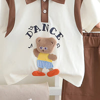 Boys Brown Teddy Bear Patch Polo T-shirt With Shorts Set Sets