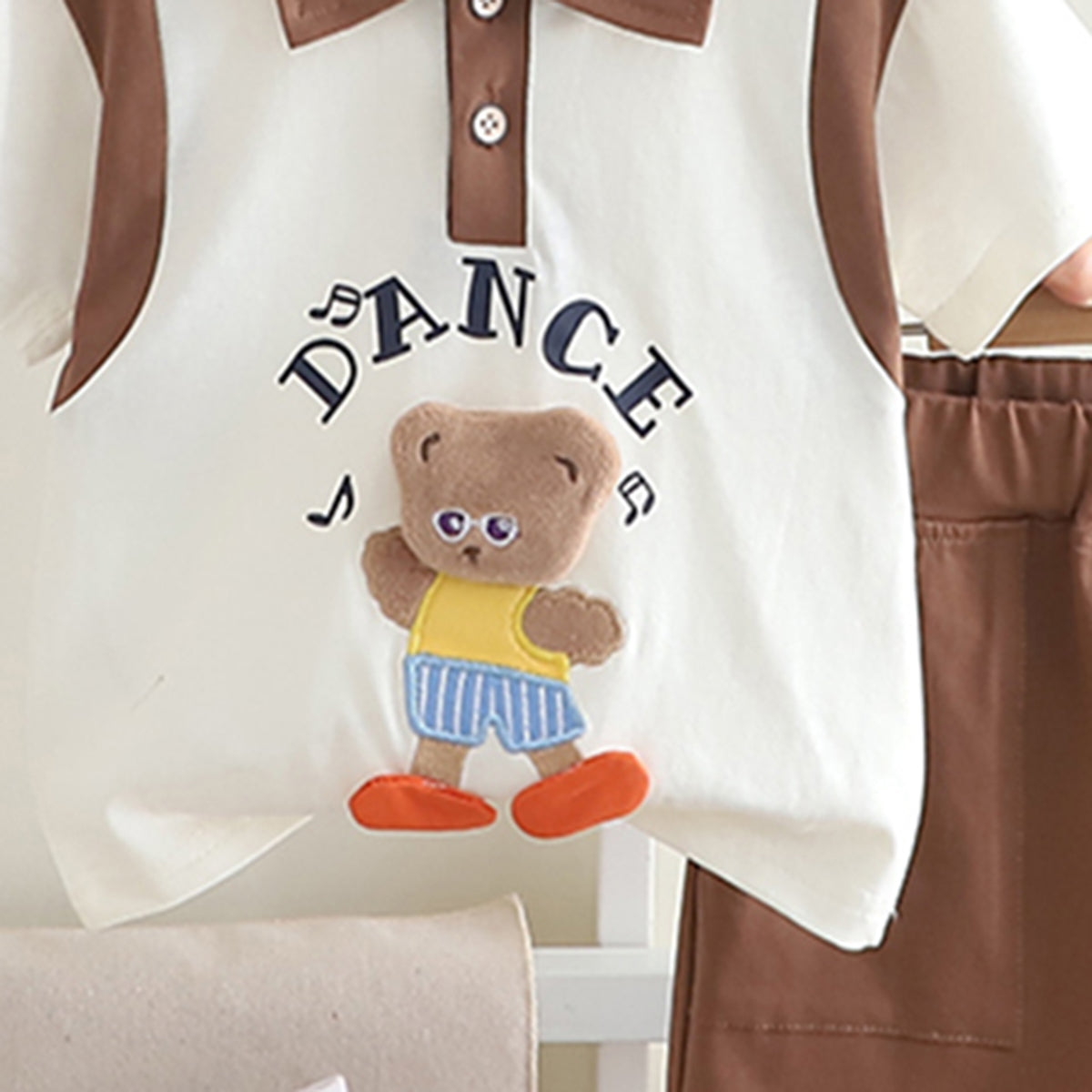 Boys Brown Teddy Bear Patch Polo T-shirt With Shorts Set Sets