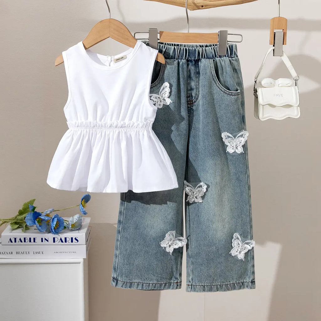 Girls White Sleeveless Peplum Top & Denim Pants With Butterfly Applique Sets Sets White 3-4 Y