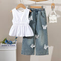 Girls White Sleeveless Peplum Top & Denim Pants With Butterfly Applique Sets Sets White 3-4 Y