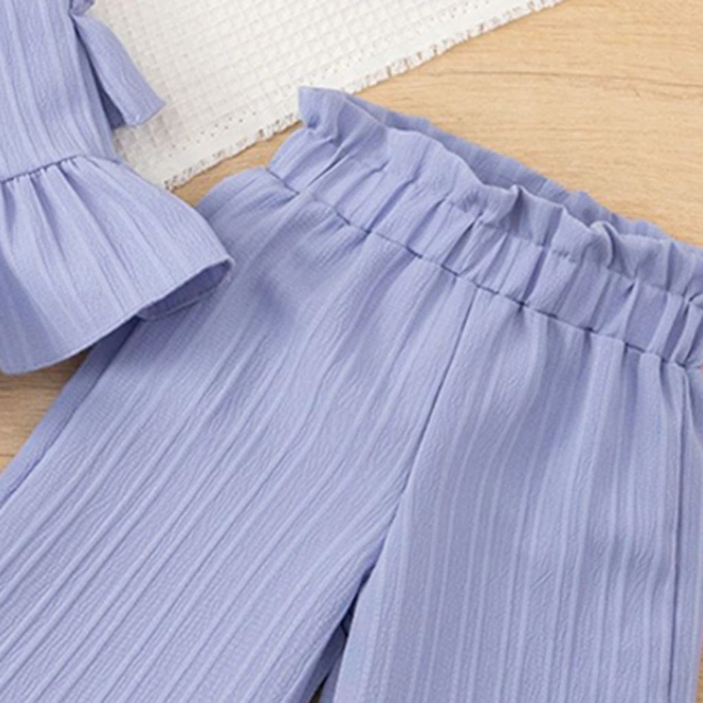 Girls Purple Self Stripes Sleeveless Peplum Top With Pants Co-ord Sets Sets