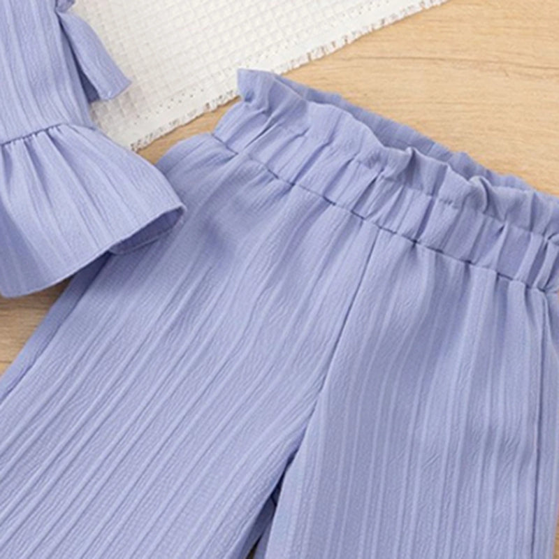 Girls Purple Self Stripes Sleeveless Peplum Top With Pants Co-ord Sets Sets
