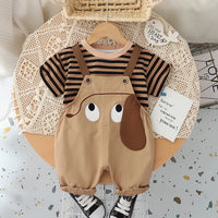Boys Brown Dog Motif Striped Short Sleeve T-Shirt With Dungaree Sets 2 pc. Sets Brown 1-2 Y