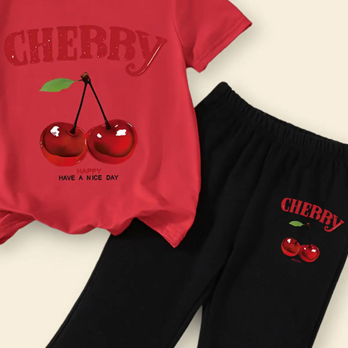 Girls Red Cherry Printed T-Shirt With Flared Pants Sets Sets