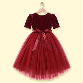 Girls Maroon Puff Sleeve High-Low Party Dress Party Dresses