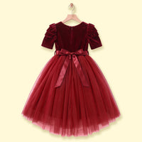 Girls Maroon Puff Sleeve High-Low Party Dress Party Dresses