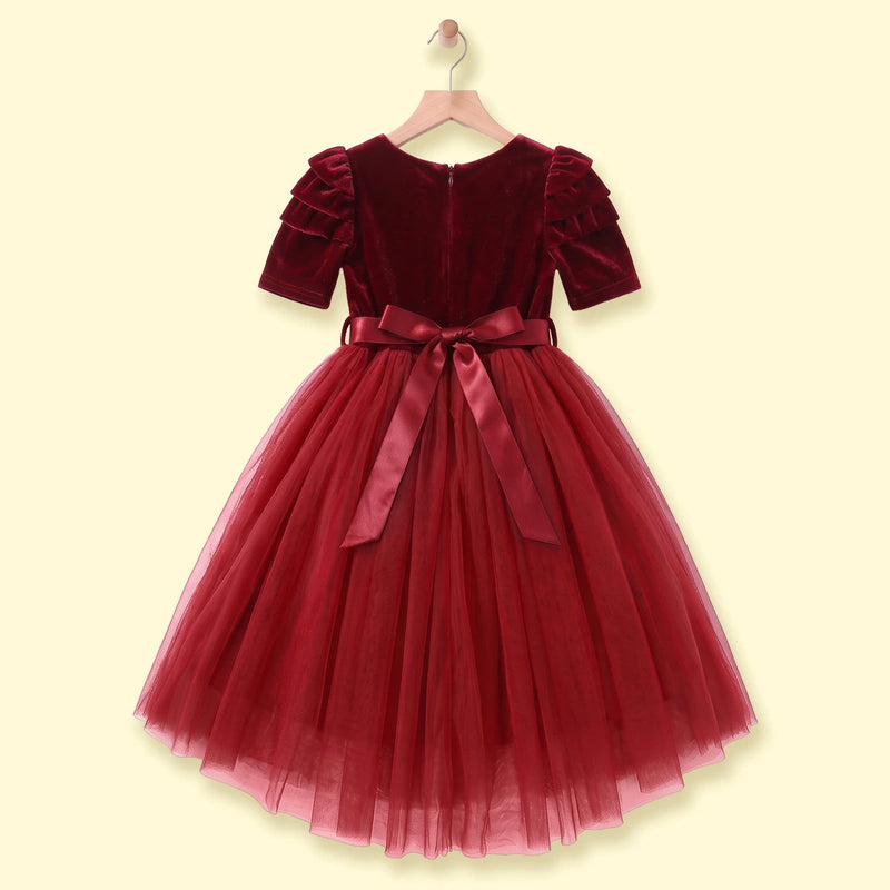 Girls Maroon Puff Sleeve High-Low Party Dress Party Dresses