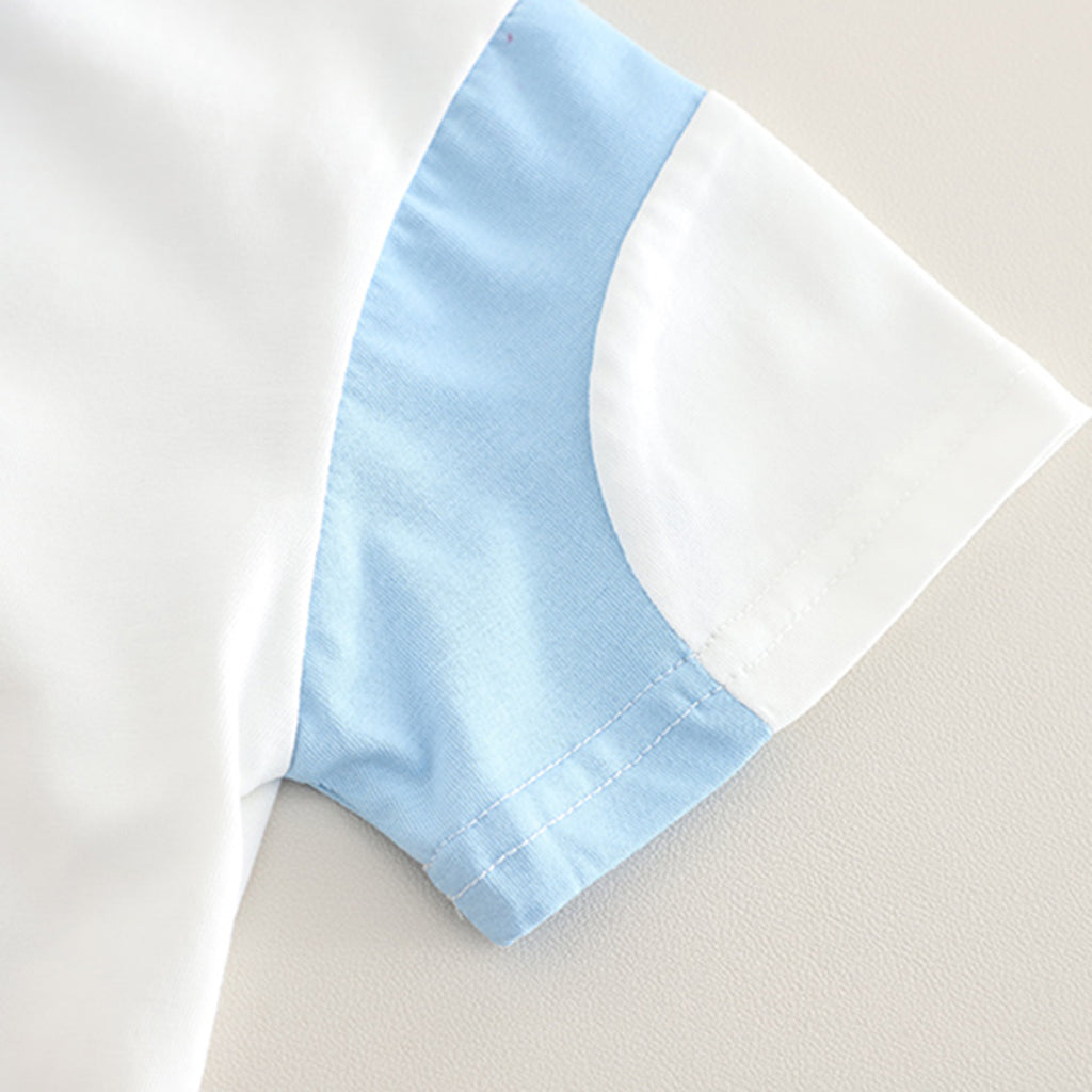 Boys Sky Blue Cat Applique Color-blocked Polo T-Shirt With Shorts Set 2 pc. Sets