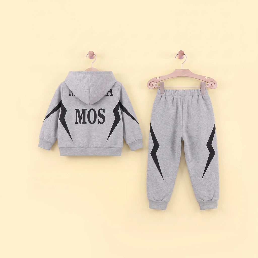 Boys Grey Typographic Printed Hooded Sweatshirt With Jogger Sets Sets