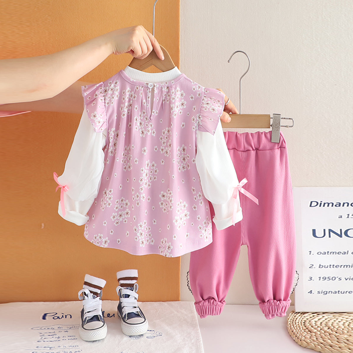 Girls Pink Floral Printed Tunic With T-Shirt & Pants Set Sets