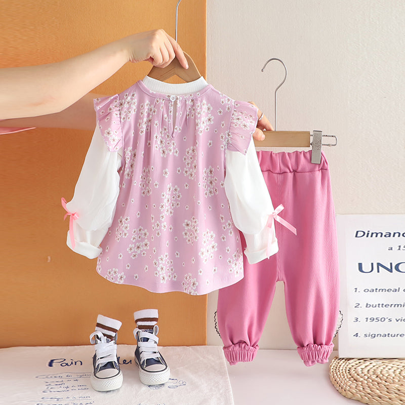 Girls Pink Floral Printed Tunic With T-Shirt & Pants Set Sets