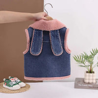 Girls Trendy Sleeveless Denim Jacket with Pink Fleece Lining & Bunny Applique Coats & Jackets