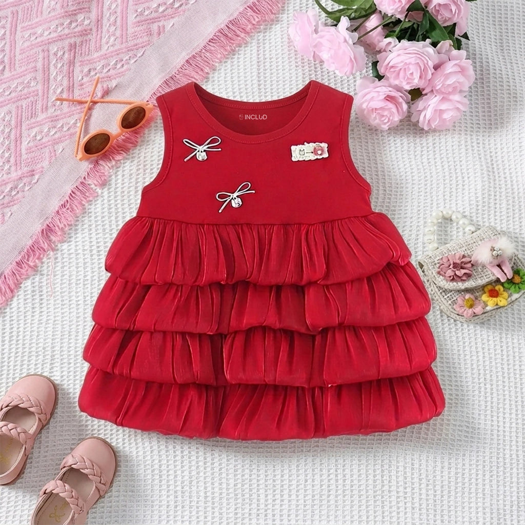Girls Red Bow Tiered Ruffle Fit & Flare Dress Casual Dresses Red 1-2 Y