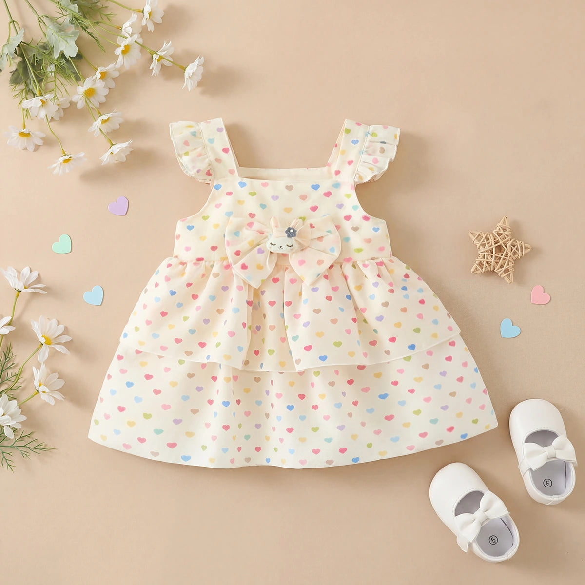 Girls Apricot Heart Print A-Line Dress With Bow Details Casual Dresses Apricot 1-2 Y