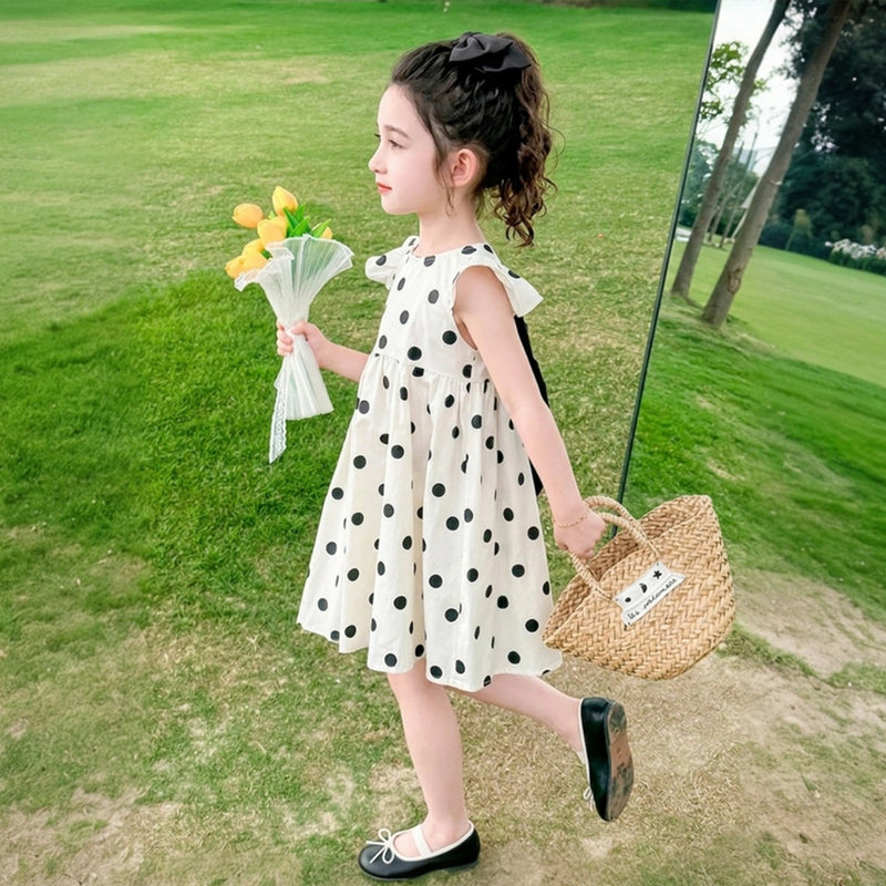 Girls White Polka Dot Print Flutter Sleeve Dress With Bow Casual Dresses