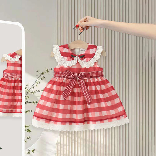 Girls Red Checked Cherry Applique Fit & Flare Casual Dress Casual Dresses Red 1-2 Y