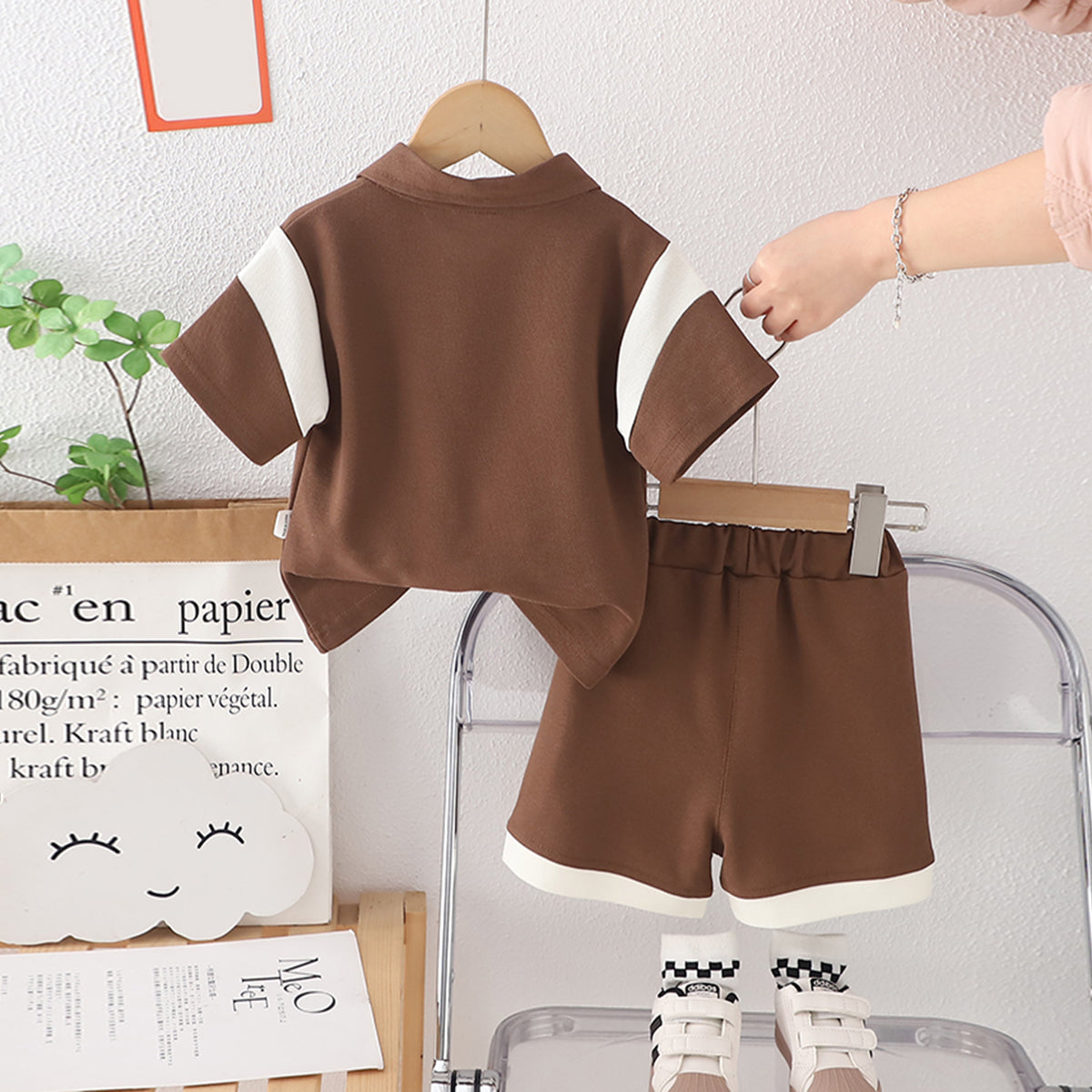 Boys Brown Alphabetic Print Short Sleeves Polo T-Shirt With Shorts Set 2 pc. Sets