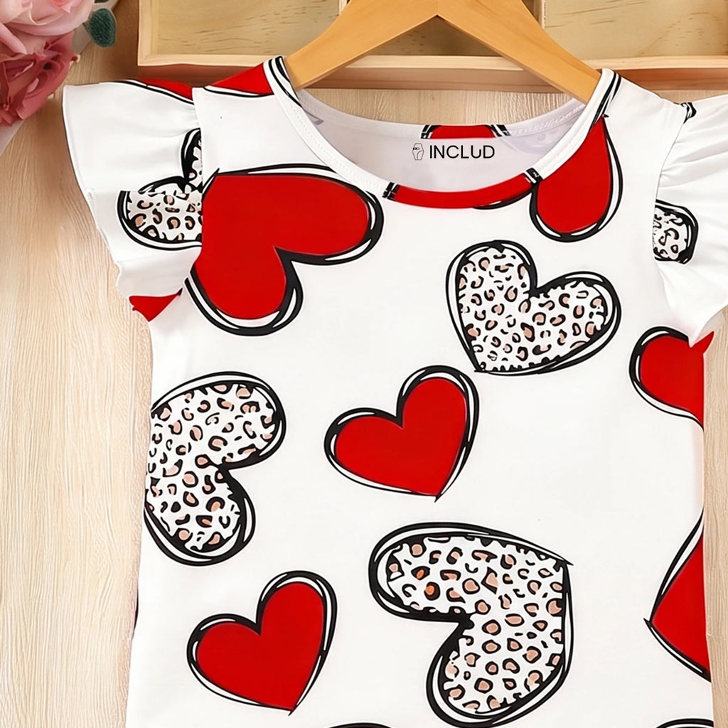 Girls Red Heart Print Flared Sleeve T-Shirt With Skirt Sets 2 pc. Sets