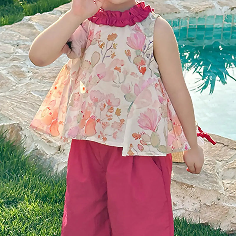 Girls Fuchsia Floral Ruffle Neck Top With Pants Sets Sets
