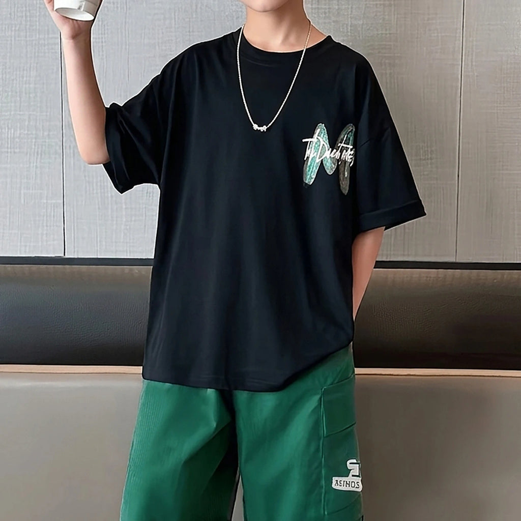 Boys Black Graphic Print Short Sleeve T-Shirt With Elasticated Shorts Sets 2 pc. Sets