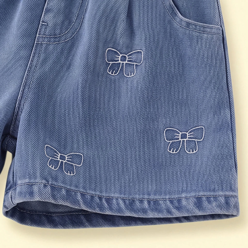 Girls Light Blue Embroidered Elasticated Denim Shorts Shorts