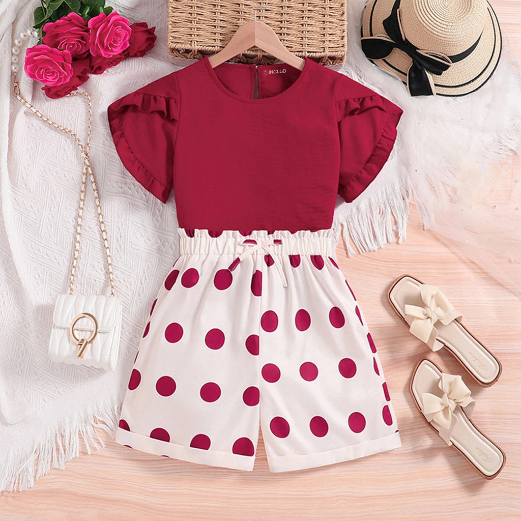 Girls Short Sleeve Top With Polka Dot Print Shorts Set Sets Red 7-8 Y