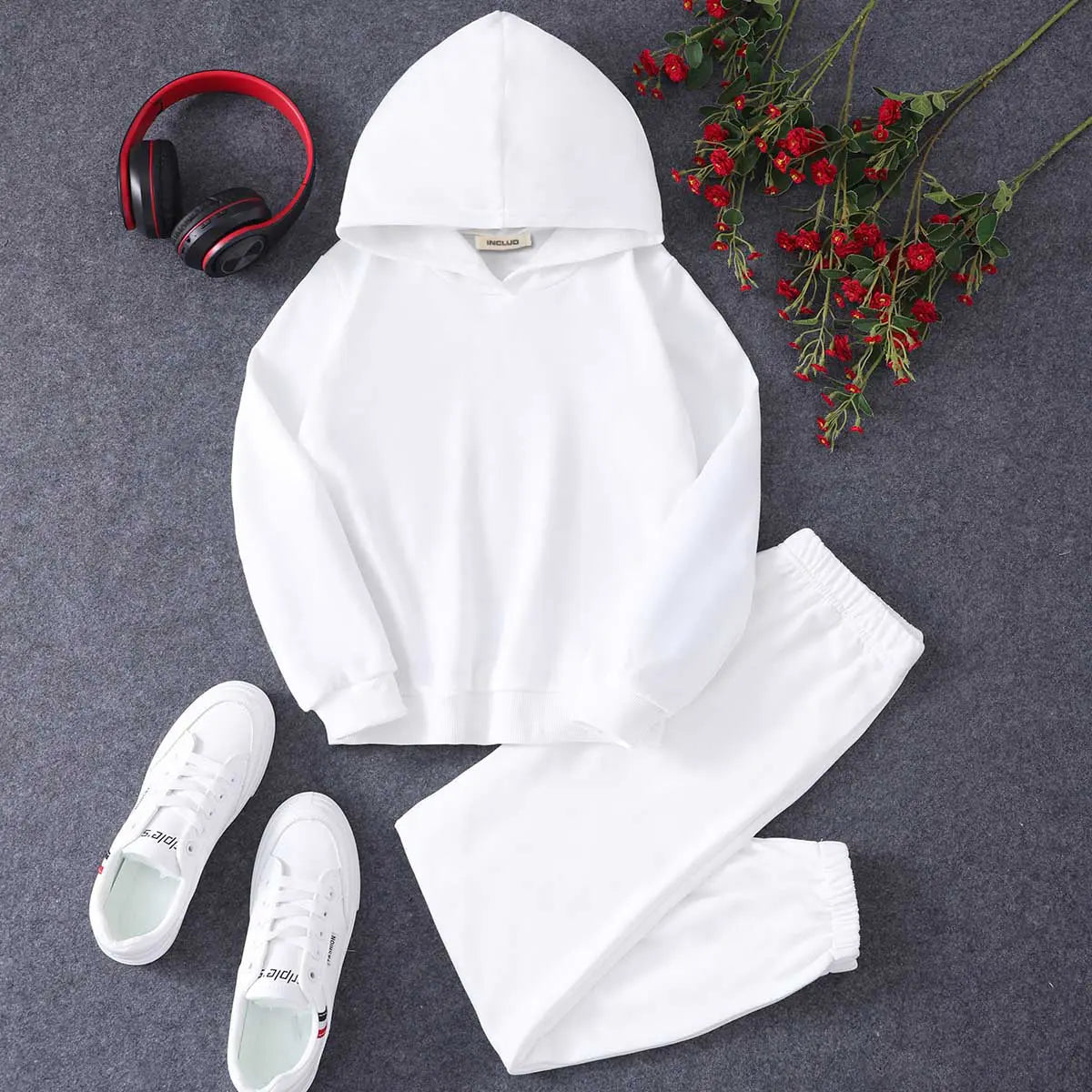 Girls White Typographic Printed Hooded Sweatshirt With Joggers Co-ord Sets 2 pc. Sets White 7-8 Y
