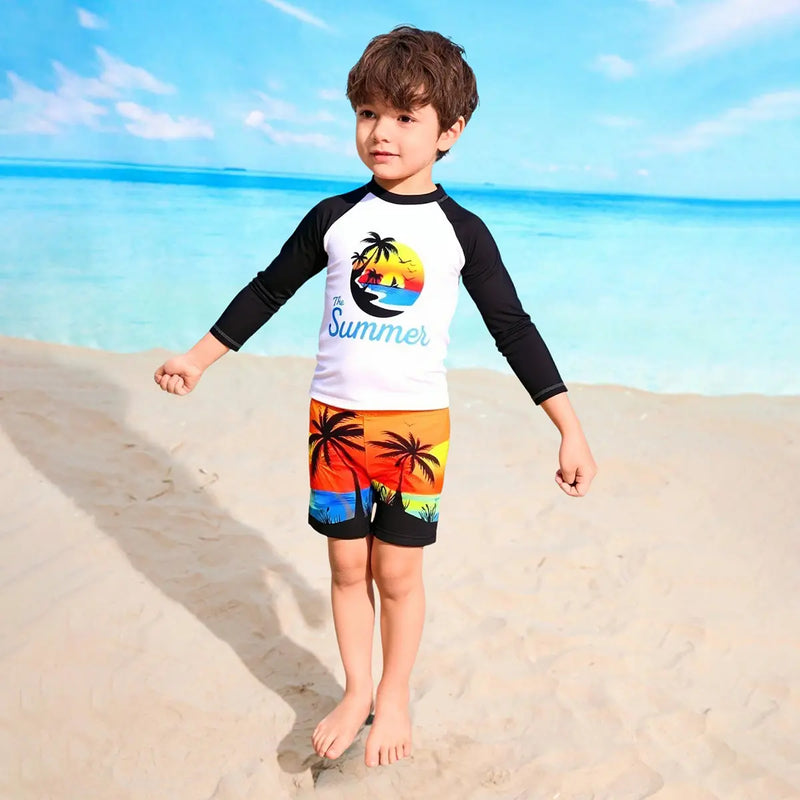 Boys Black Tropical Printed Long Sleeves T-Shirt & Shorts Swimsuit Sets Sets
