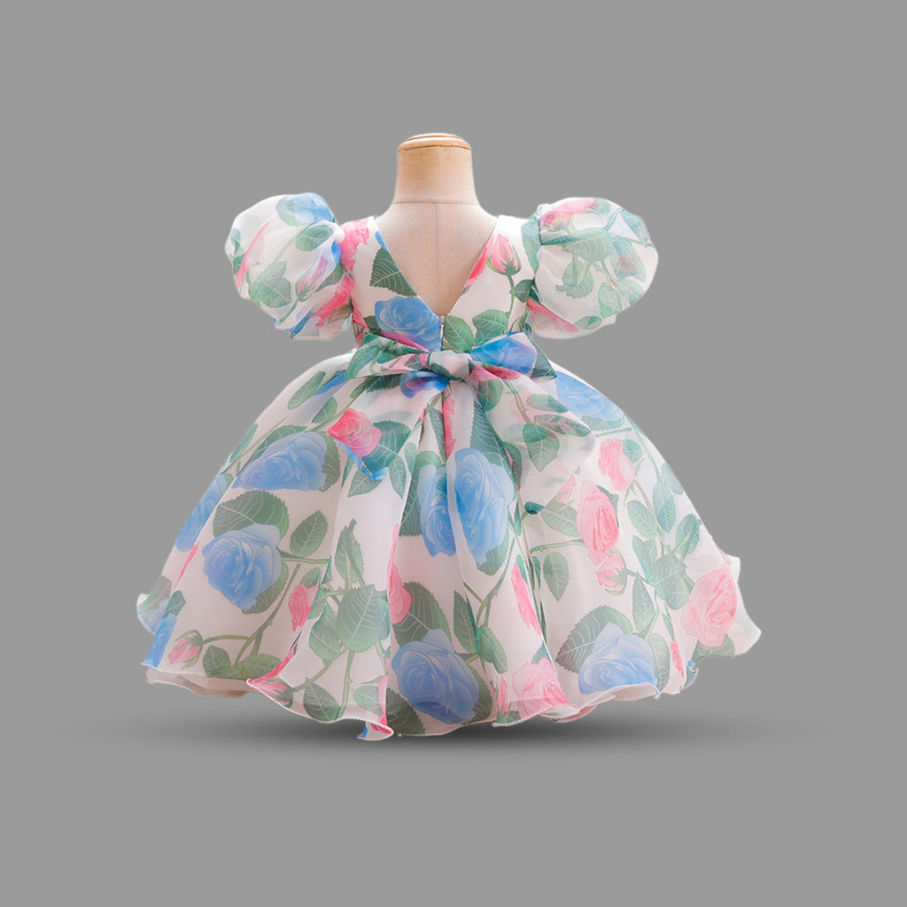 Girls Floral Print Puff Sleeves Party Dress Party Dresses   