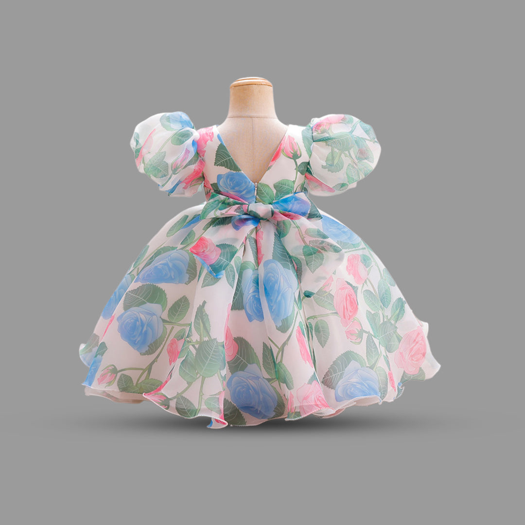 Girls Floral Print Puff Sleeves Party Dress Party Dresses   