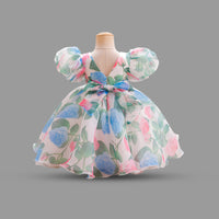 Girls Floral Print Puff Sleeves Party Dress Party Dresses   