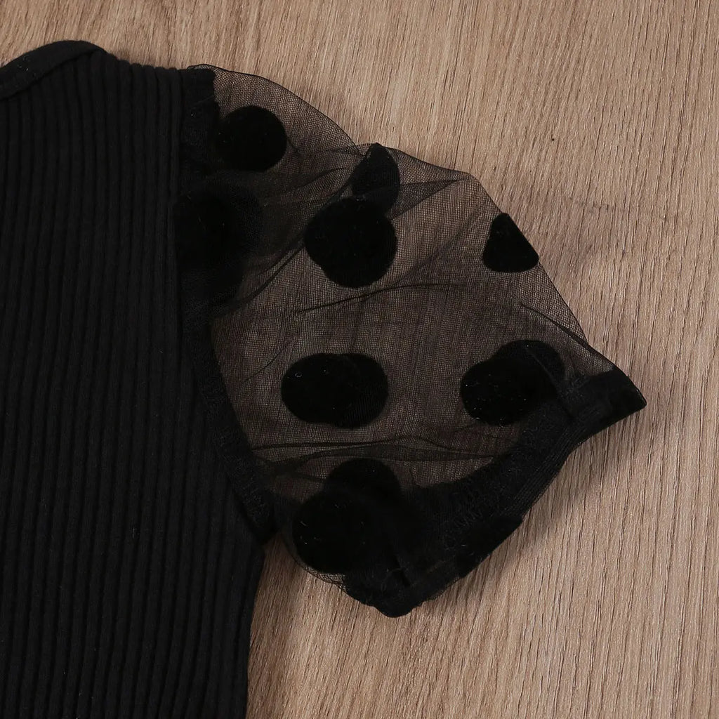 Girls Black Polka Dot Print Sheer Puff Sleeves Top With Distress Denim Sets Sets