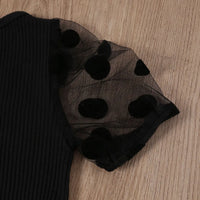 Girls Black Polka Dot Print Sheer Puff Sleeves Top With Distress Denim Sets Sets