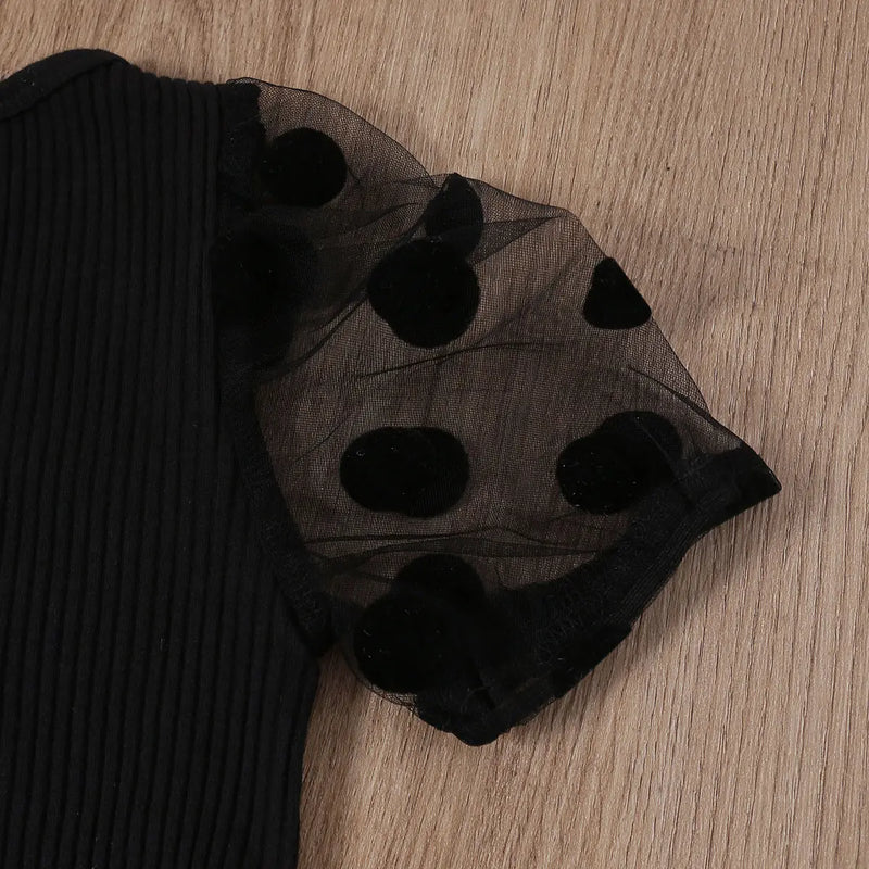 Girls Black Polka Dot Print Sheer Puff Sleeves Top With Distress Denim Sets Sets
