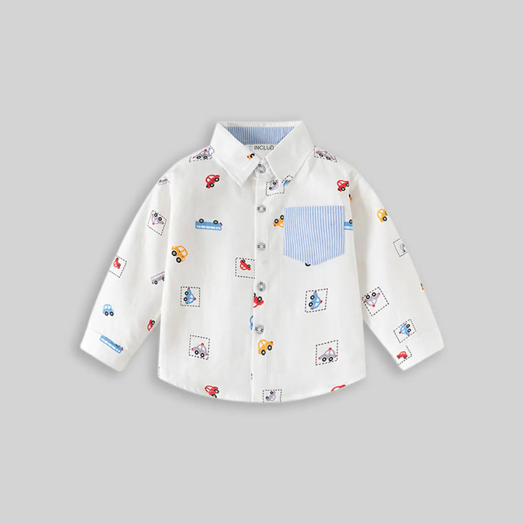 Boys White Car Print Long Sleeve Shirt Shirts