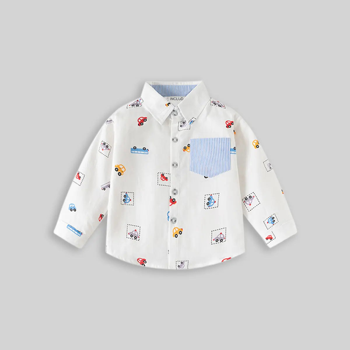 Boys White Car Print Long Sleeve Shirt Shirts