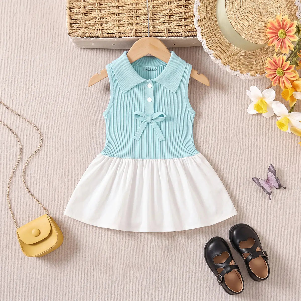 Girls Blue Sleeveless Ribbed Shirt Collar Drop Waist Dress Casual Dresses Blue 1-2 Y