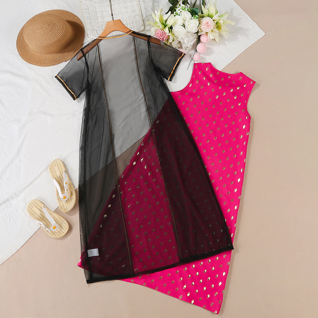 Girls Fuchsia Embroidered A-line Dress with Sheer Long Shrug Casual Dresses